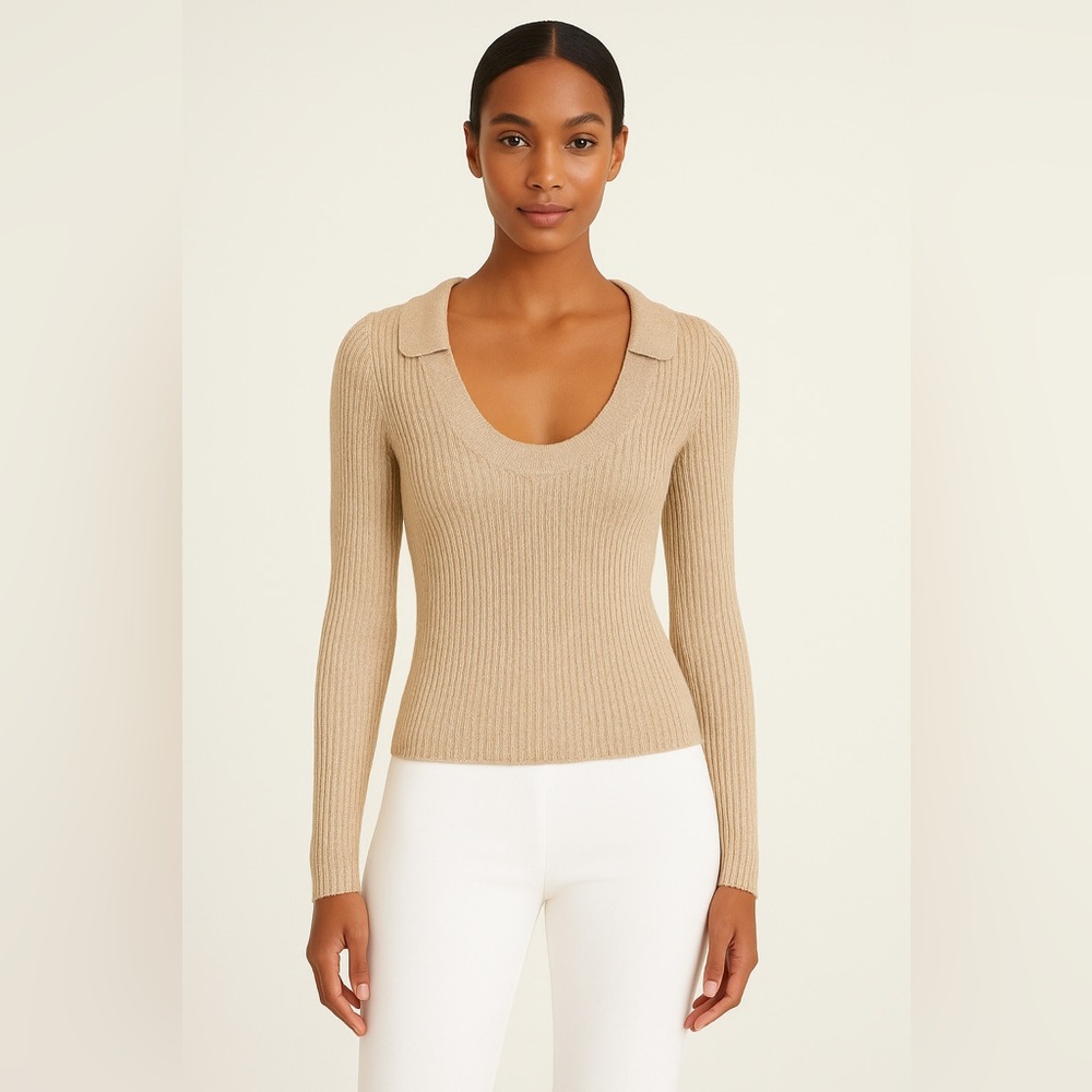 Intermix Gold U Neck Collared Rib Knit Sweater NWT - image 1